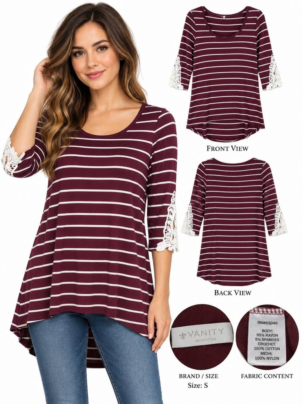 Vanity M Maroon Stripe Lace Sleeve 3/4 Tunic Top